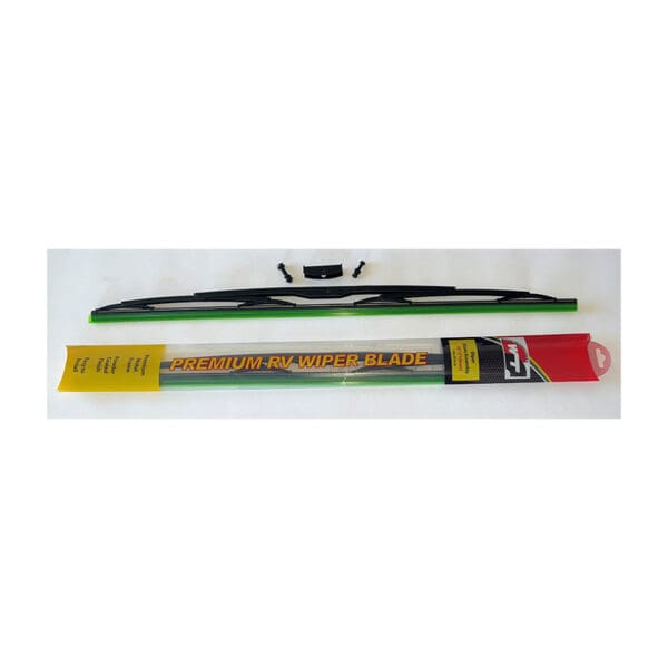 A green windshield wiper blade and a red handle.