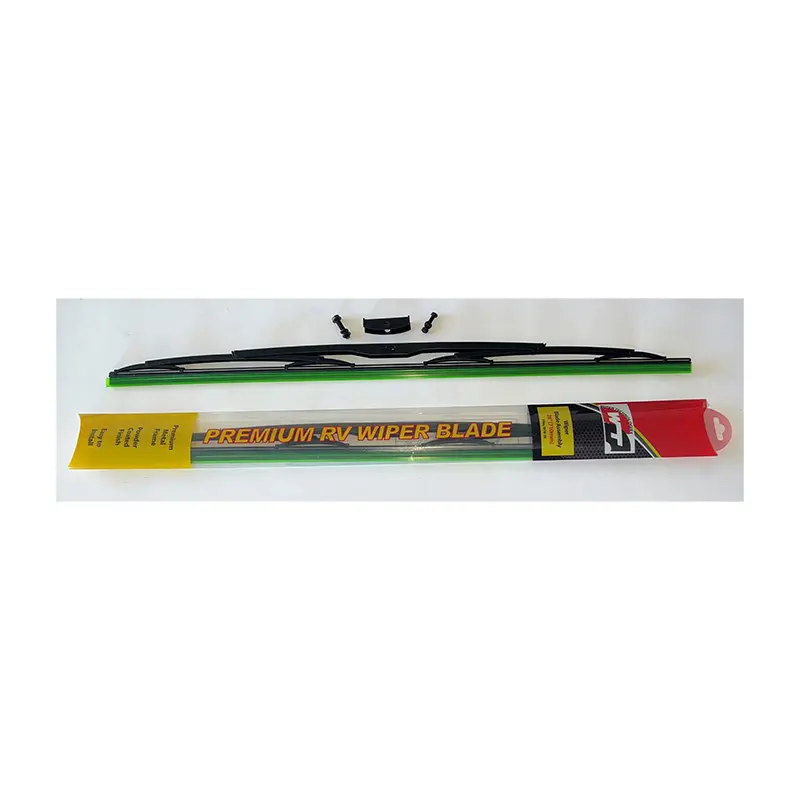 A green windshield wiper blade and a red handle.