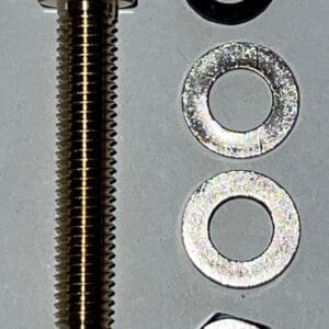 Screw, washers, and nut on a white background.